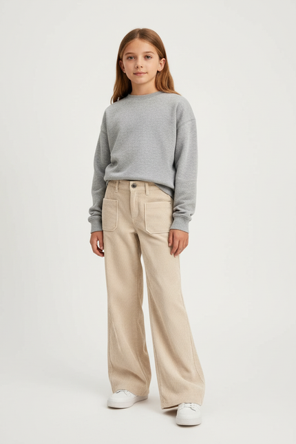 Pantalon Beige Côtelé Ample Poches Fille - Cordé