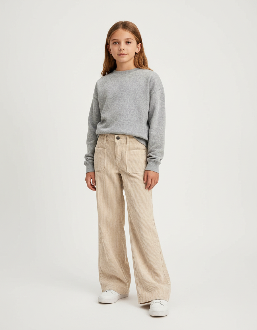 Pantalon Beige Côtelé Ample Poches Fille - Cordé