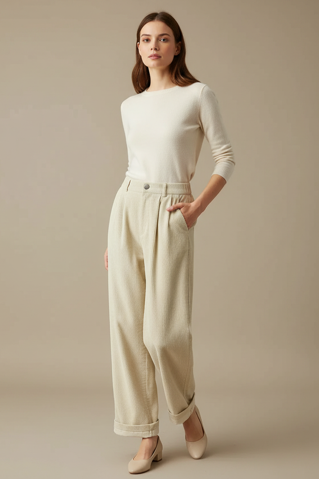 Pantalon Beige Côtelé Ample Plissé Taille Haute - Cordé