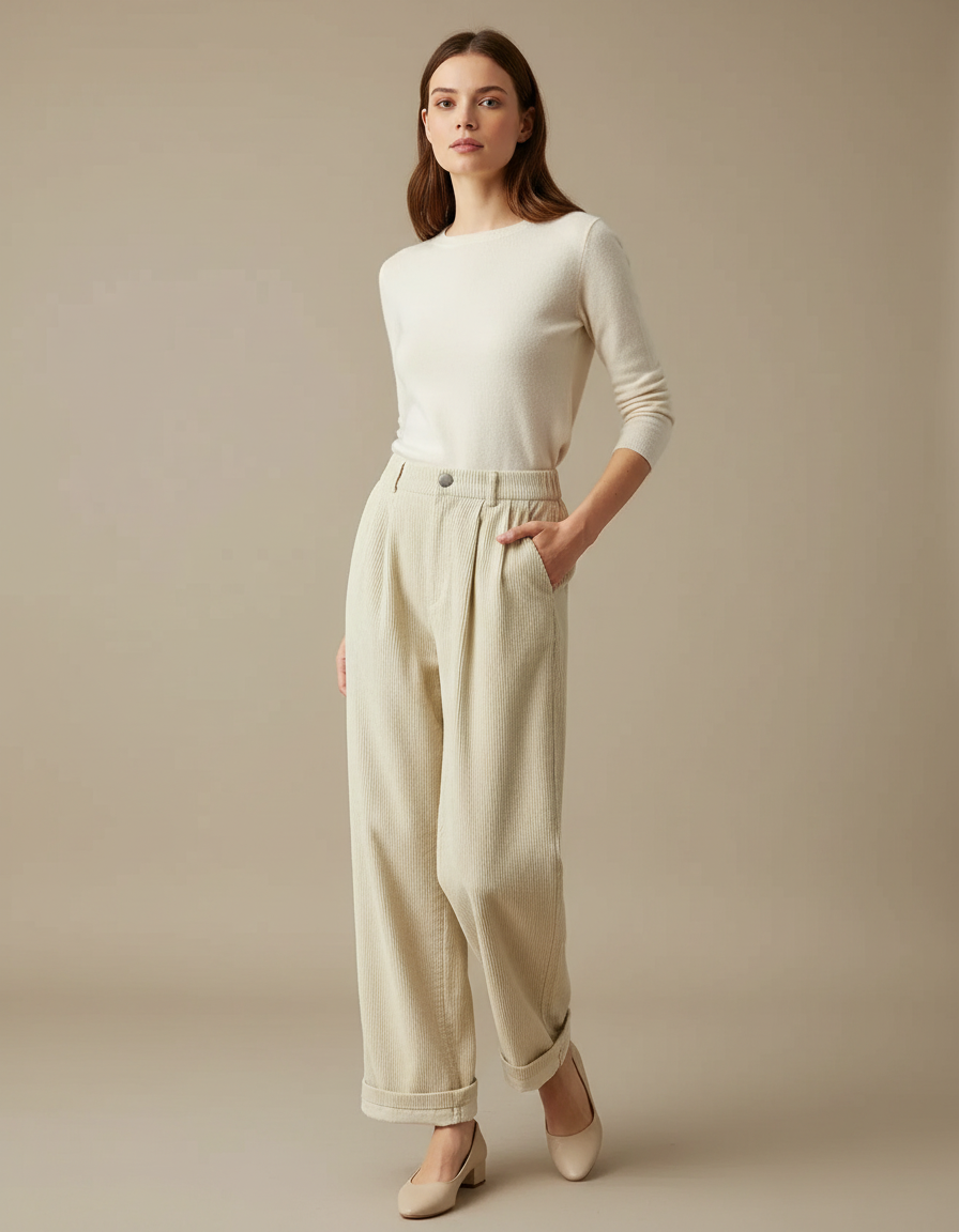 Pantalon Beige Côtelé Ample Plissé Taille Haute - Cordé