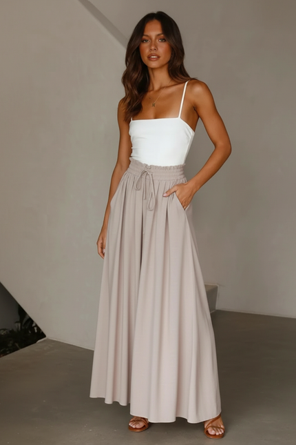 Pantalon Beige Fluide Ample Taille Haute Décontracté - Viscose