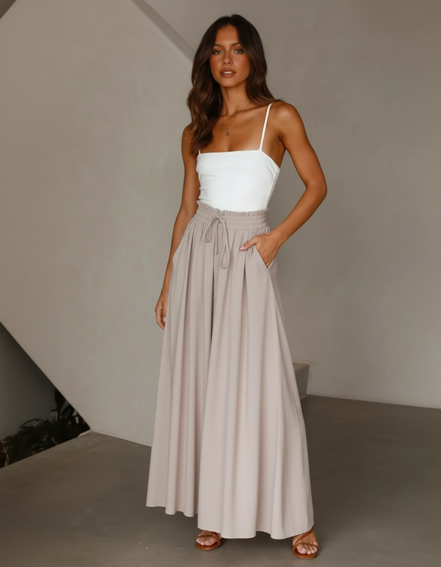 Pantalon Beige Fluide Ample Taille Haute Décontracté - Viscose