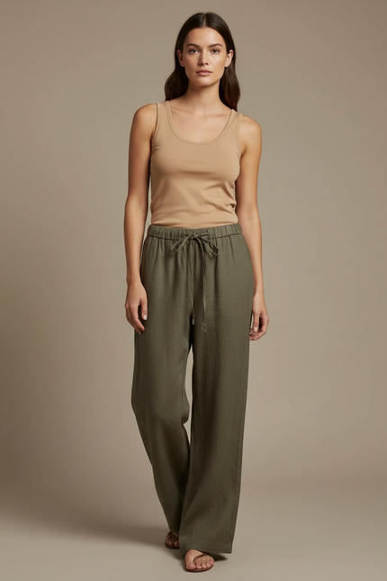 Pantalon Beige Lin Ample Taille Haute Droit - Kaki