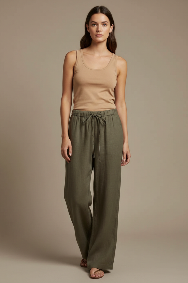 Pantalon Beige Lin Ample Taille Haute Droit - Kaki