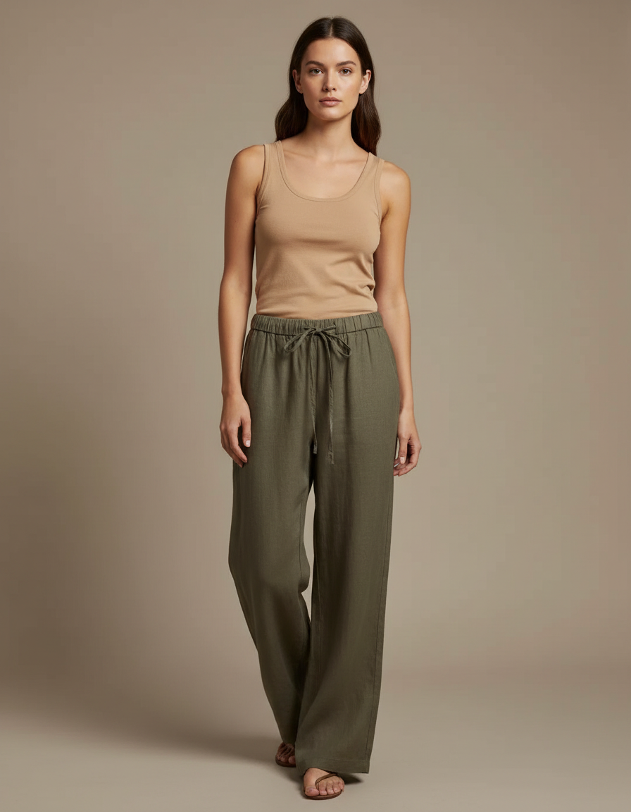 Pantalon Beige Lin Ample Taille Haute Droit - Kaki