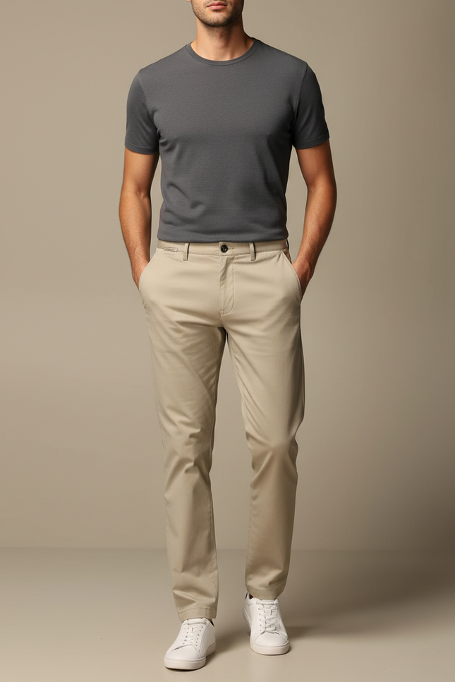 Pantalon Beige Coton Droit Homme Décontracté