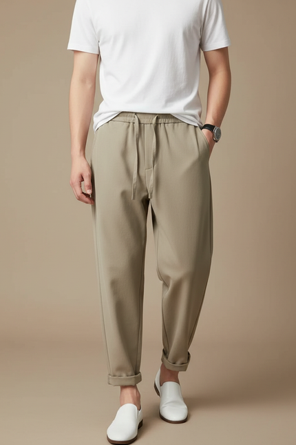 Pantalon Beige Homme Fluide Décontracté Droit Léger - Kaki Polyester