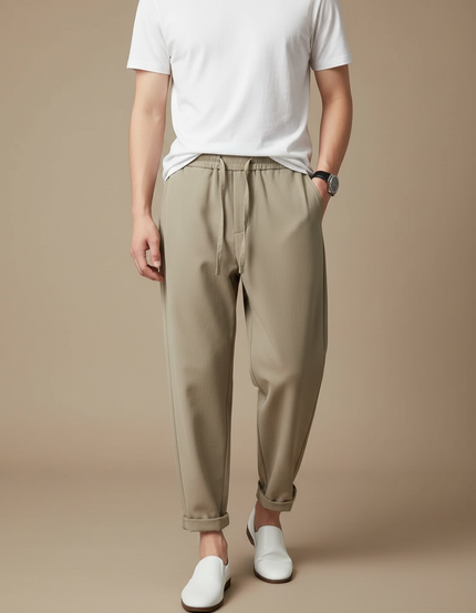 Pantalon Beige Homme Fluide Décontracté Droit Léger - Kaki Polyester