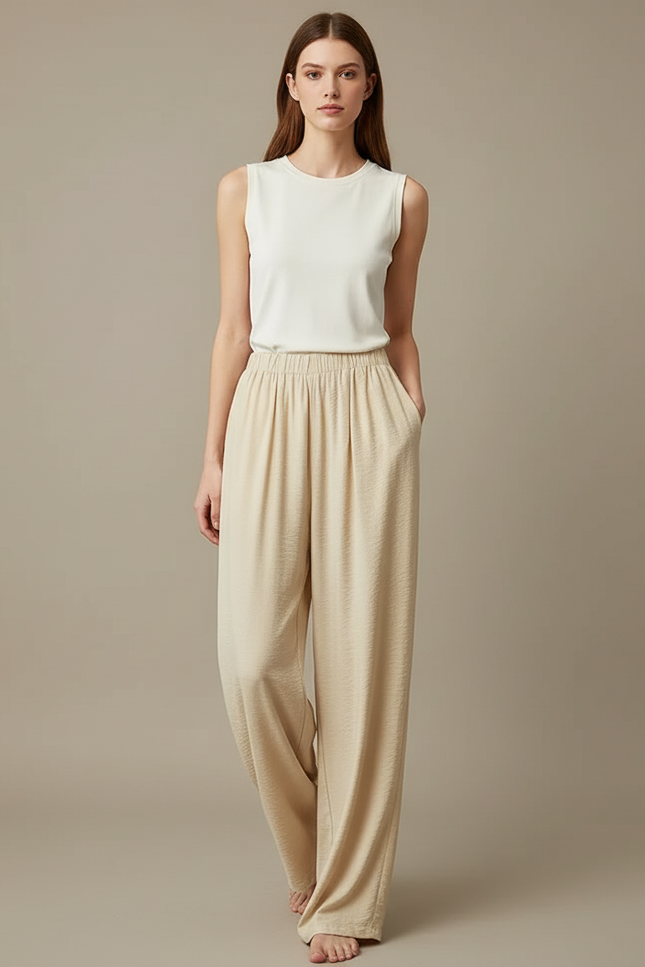Pantalon Beige Plissé Ample Fluide Taille Haute Femme - Viscose