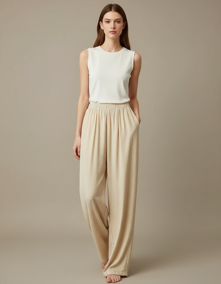 Pantalon Beige Plissé Ample Fluide Taille Haute Femme - Viscose
