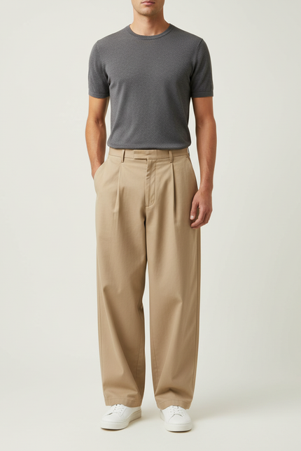 Pantalon Beige Coton Plissé Ample Décontracté Homme
