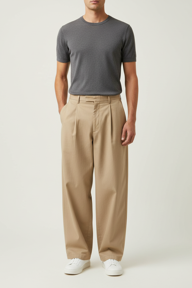 Pantalon Beige Coton Plissé Ample Décontracté Homme
