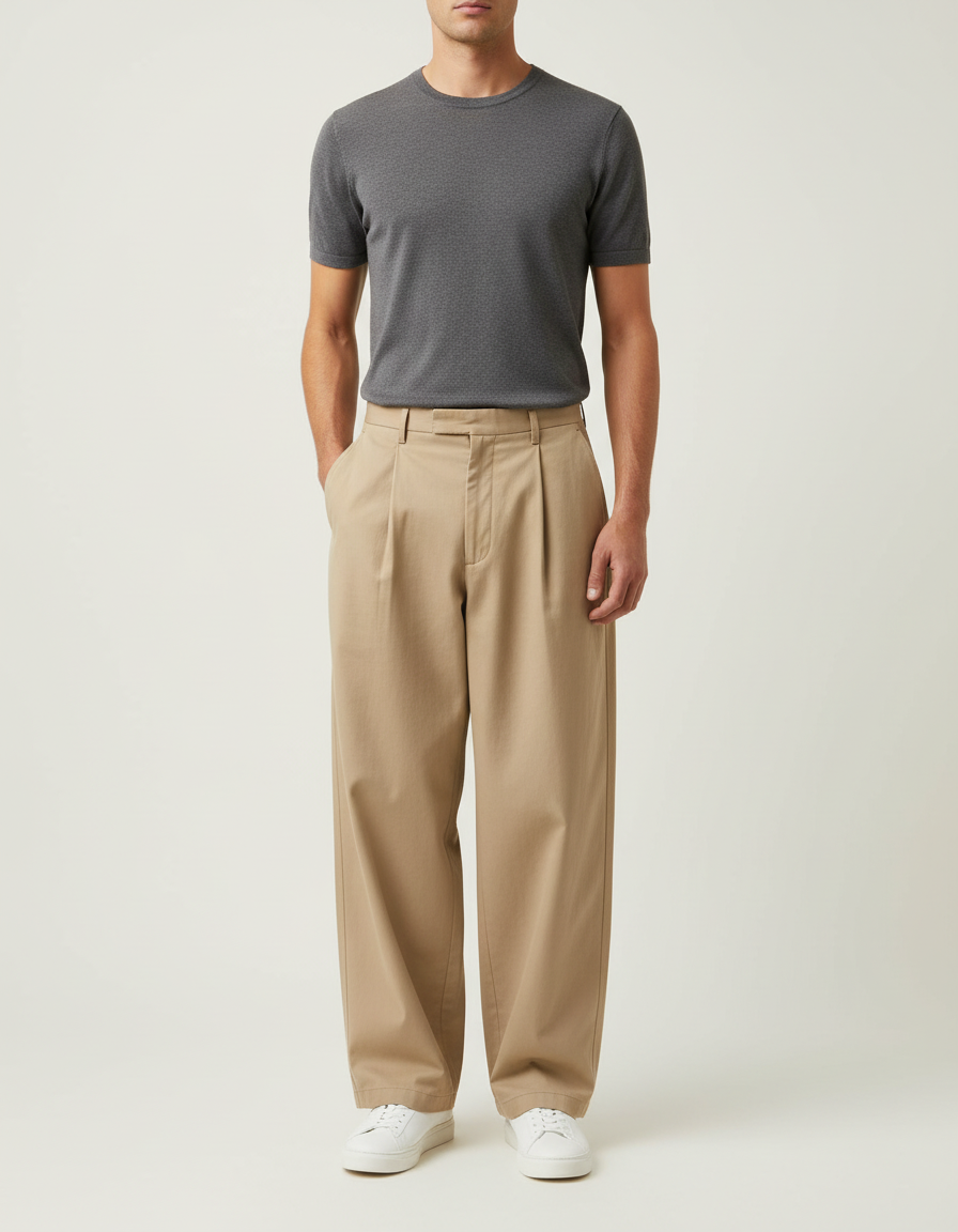 Pantalon Beige Coton Plissé Ample Décontracté Homme