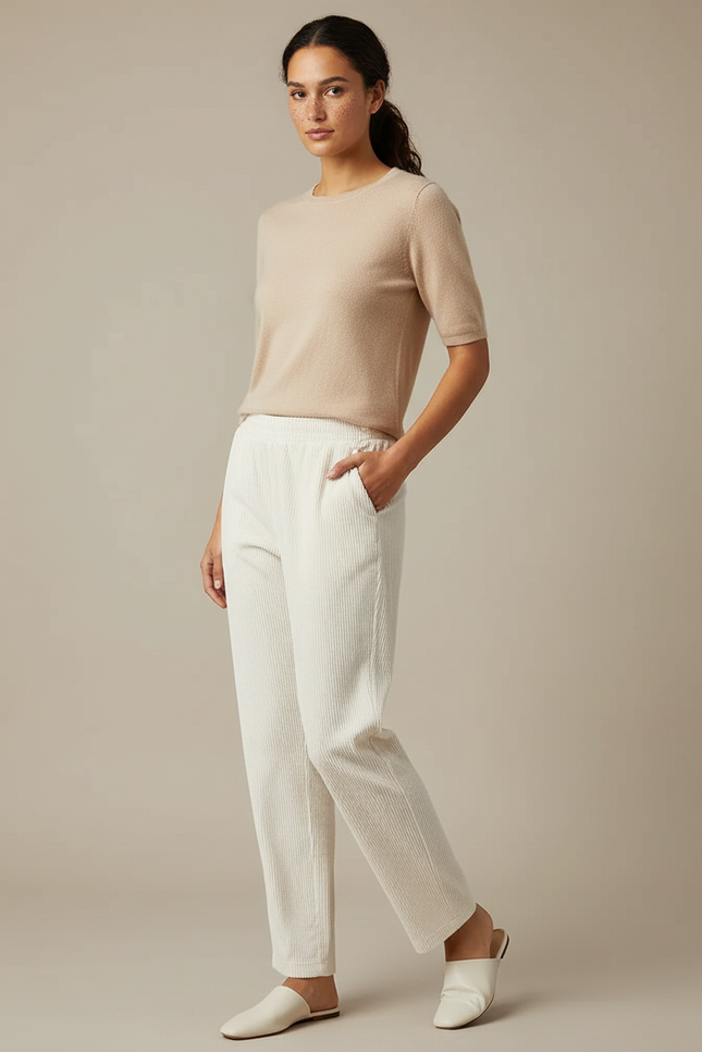 Pantalon Beige Côtelé Droit Ample Décontracté Femme - Cordé