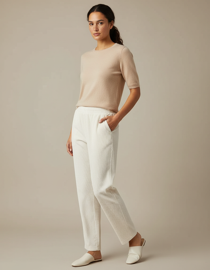Pantalon Beige Côtelé Droit Ample Décontracté Femme - Cordé
