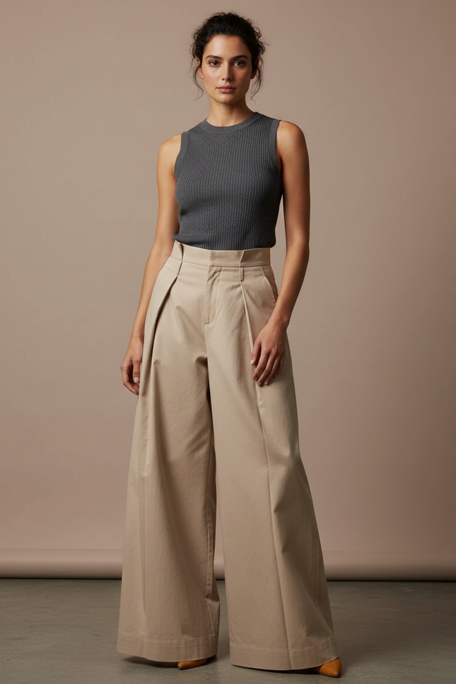 Pantalon Beige Ample Coton Plissé Taille Haute Femme - Gabardine