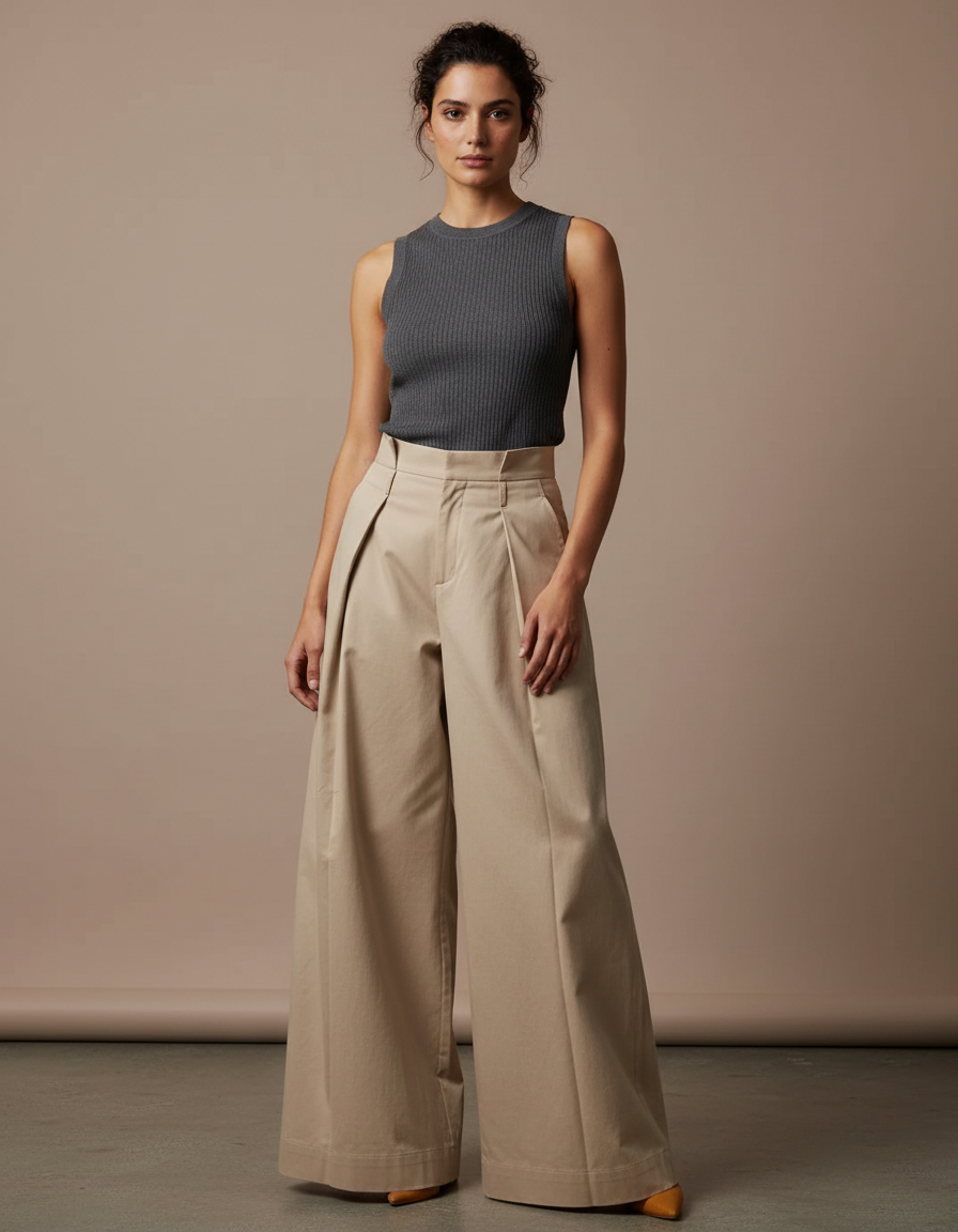 Pantalon Beige Ample Coton Plissé Taille Haute Femme - Gabardine