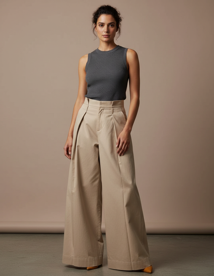 Pantalon Beige Ample Coton Plissé Taille Haute Femme - Gabardine