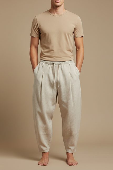 Pantalon Beige Coton Ample Décontracté Homme Cordon - Lin