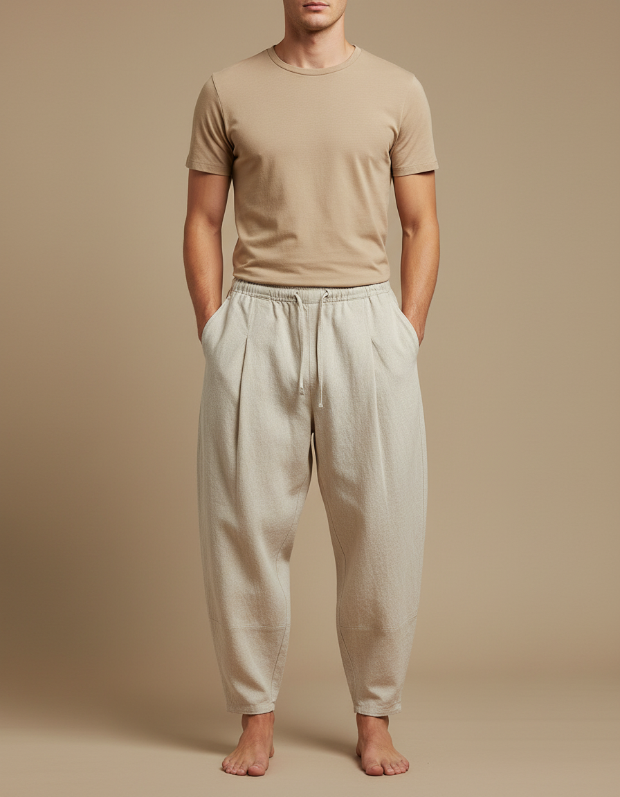 Pantalon Beige Coton Ample Décontracté Homme Cordon - Lin