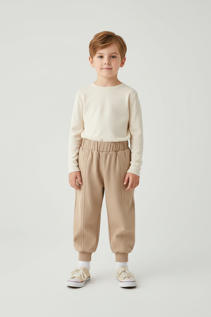 Pantalon Beige Molletonné Confortable Garçon Décontracté Élastique