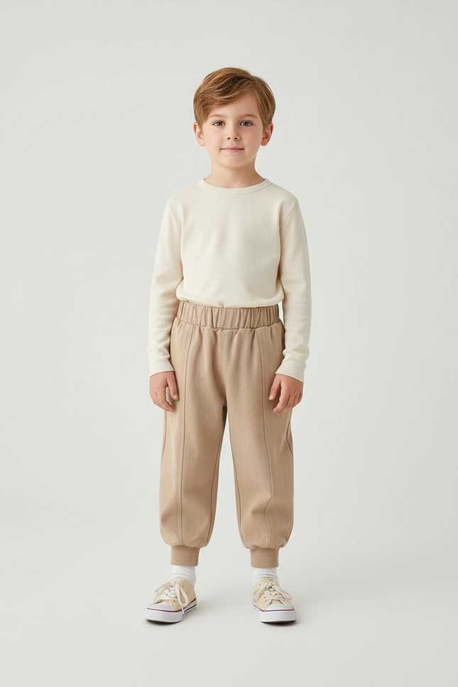 Pantalon Beige Molletonné Confortable Garçon Décontracté Élastique