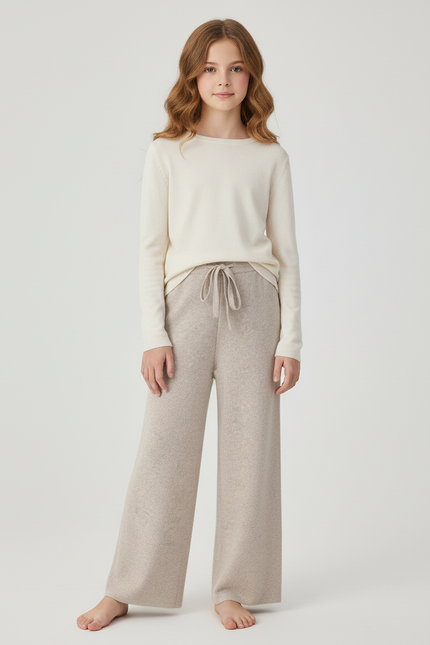 Pantalon Beige Tricoté Ample Décontracté Laine Doux