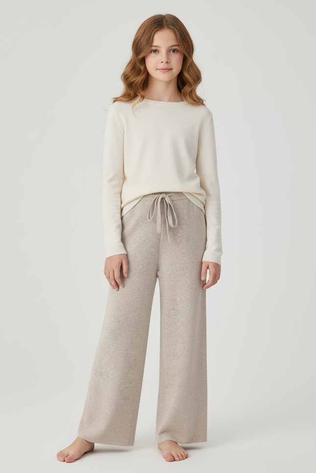 Pantalon Beige Tricoté Ample Décontracté Laine Doux