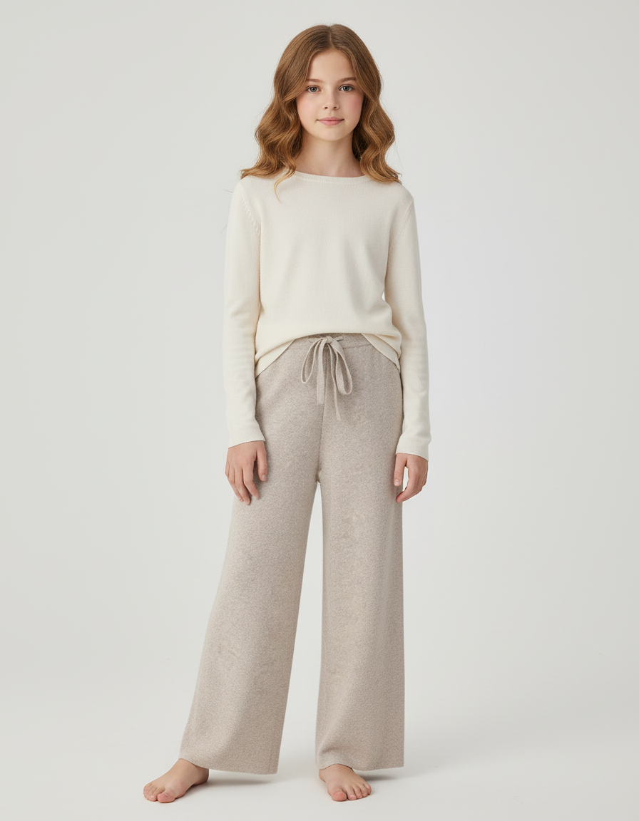 Pantalon Beige Tricoté Ample Décontracté Laine Doux