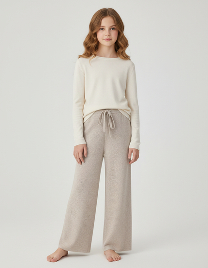 Pantalon Beige Tricoté Ample Décontracté Laine Doux