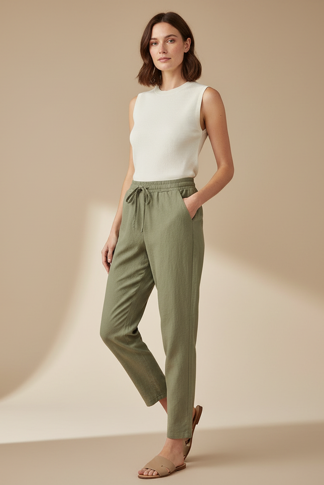 Pantalon Beige Cordon Lin Coupe Droite Décontracté - Kaki
