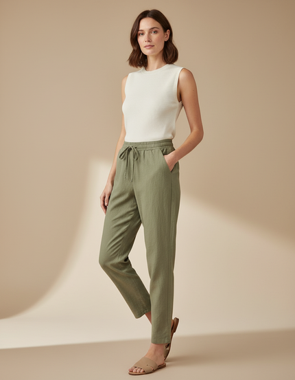 Pantalon Beige Cordon Lin Coupe Droite Décontracté - Kaki