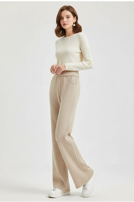 Pantalon Beige Élastique Épais Droit Décontracté Femme - Maille