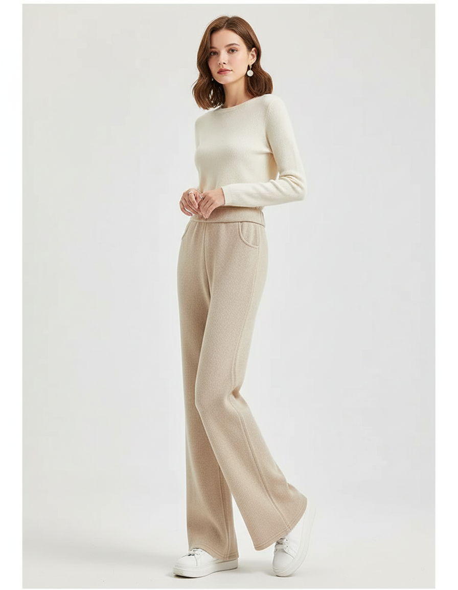 Pantalon Beige Élastique Épais Droit Décontracté Femme - Maille