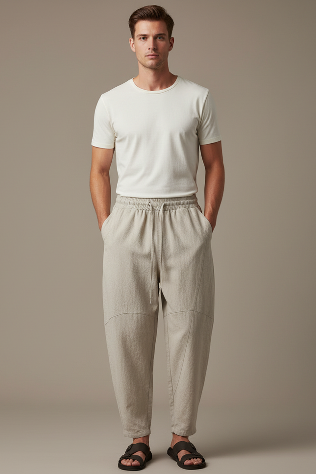 Pantalon Beige Ample, Décontracté, Lin, Homme, Été