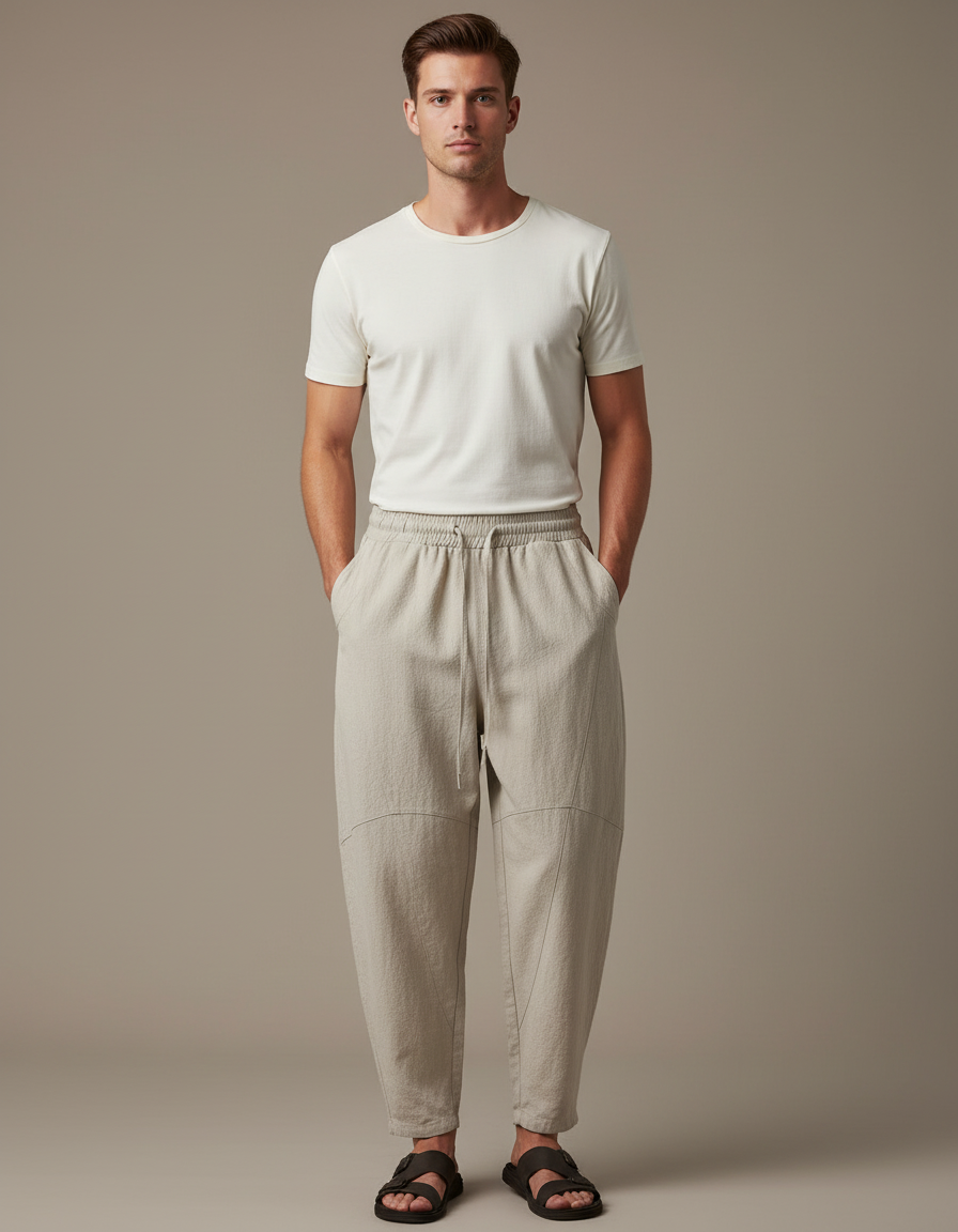 Pantalon Beige Ample, Décontracté, Lin, Homme, Été