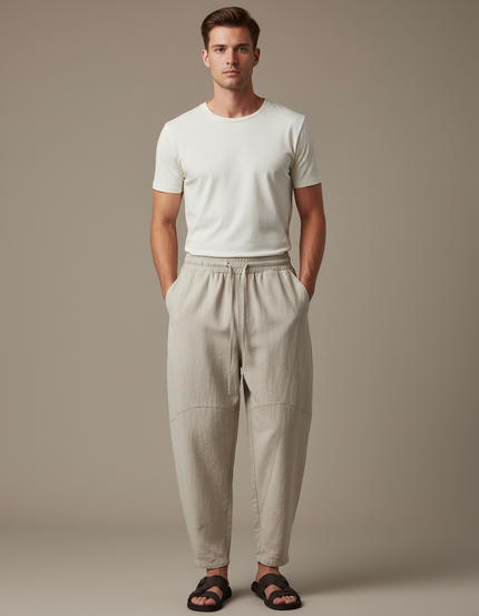 Pantalon Beige Ample, Décontracté, Lin, Homme, Été