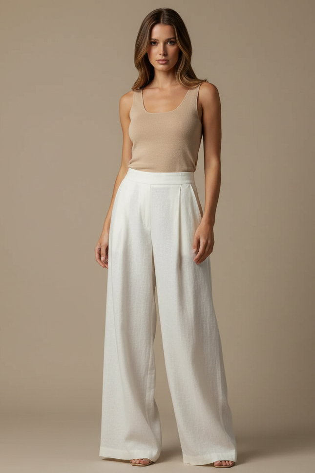 Pantalon Beige Fluide Ample Lin Plissé Femme - Blanc