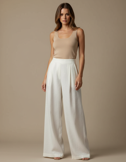 Pantalon Beige Fluide Ample Lin Plissé Femme - Blanc
