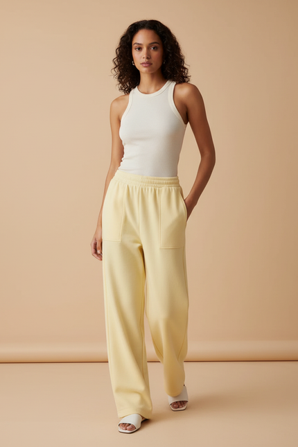 Pantalon Beige Molletonné Ample Décontracté Femme - Jaune