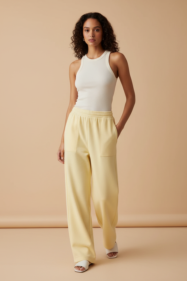 Pantalon Beige Molletonné Ample Décontracté Femme - Jaune