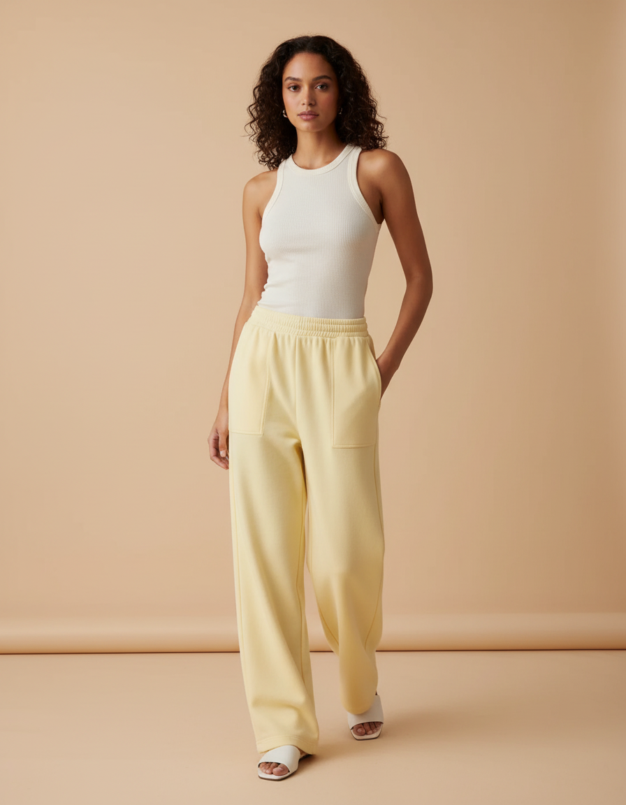 Pantalon Beige Molletonné Ample Décontracté Femme - Jaune