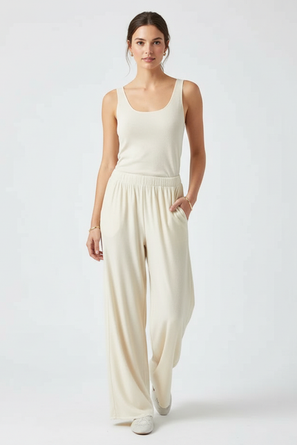Pantalon Beige Ample Côtelé Élastique Confortable Femme - Molleton