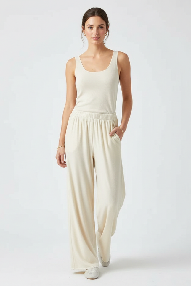 Pantalon Beige Ample Côtelé Élastique Confortable Femme - Molleton
