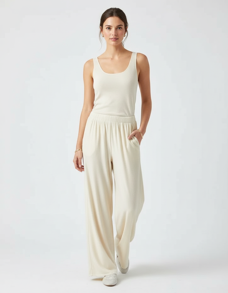 Pantalon Beige Ample Côtelé Élastique Confortable Femme - Molleton