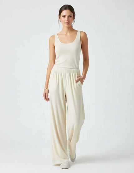 Pantalon Beige Ample Côtelé Élastique Confortable Femme - Molleton