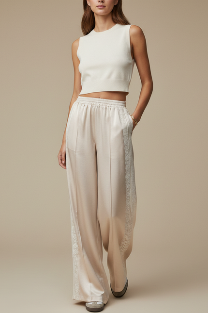 Pantalon Beige Satiné Ample Fluide Dentelle Femme