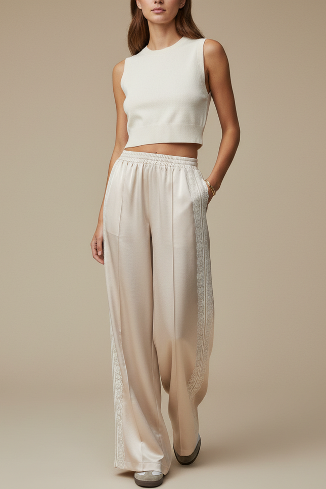 Pantalon Beige Satiné Ample Fluide Dentelle Femme