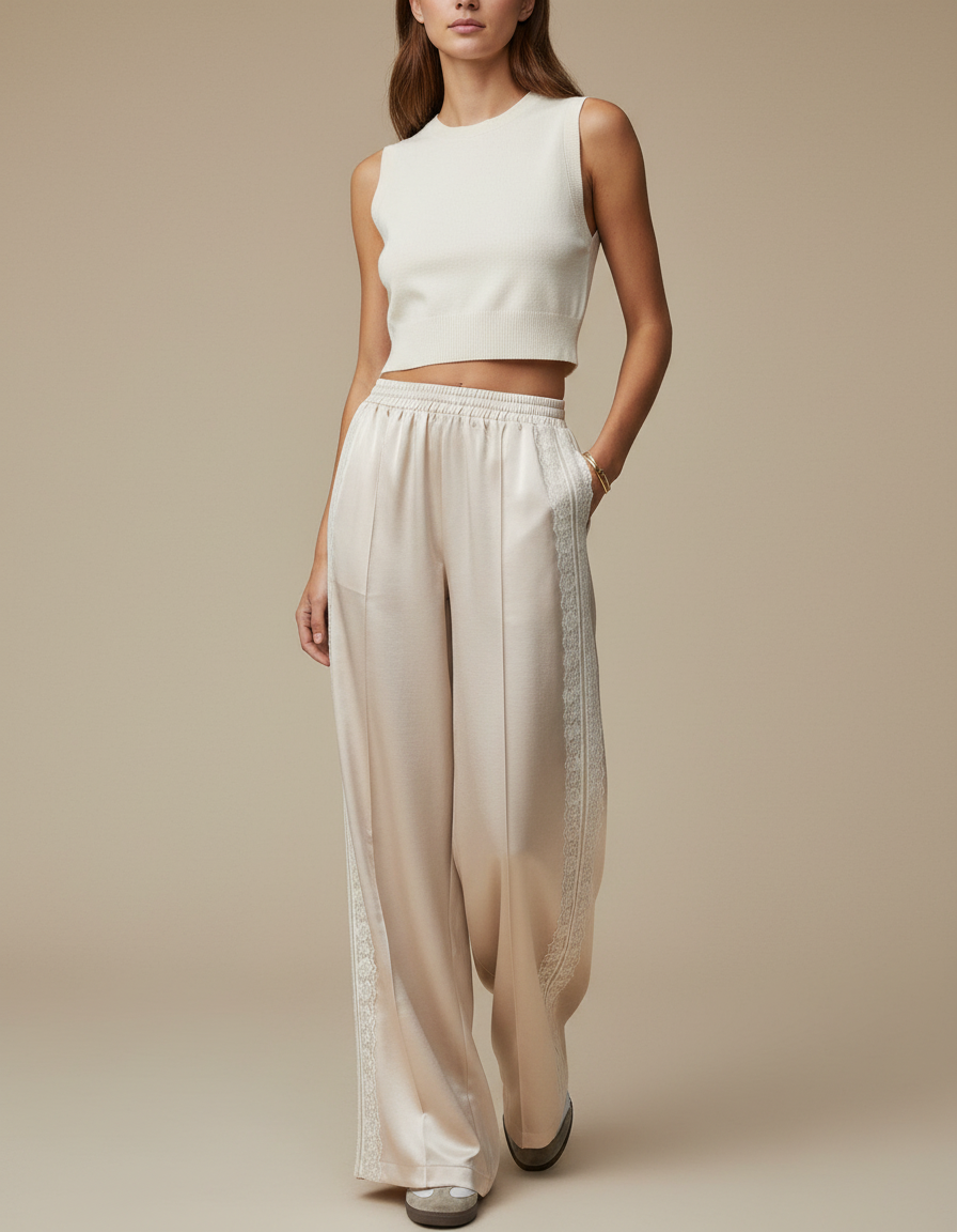 Pantalon Beige Satiné Ample Fluide Dentelle Femme