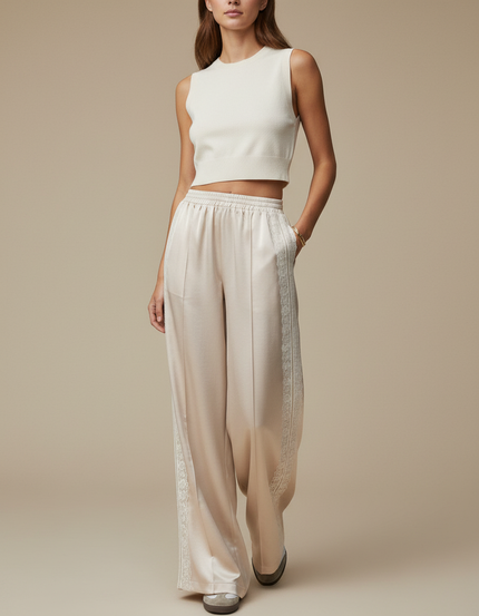 Pantalon Beige Satiné Ample Fluide Dentelle Femme